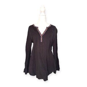 Anthropologie - Casual Black Long Sleeve Top with Embroidered Trim